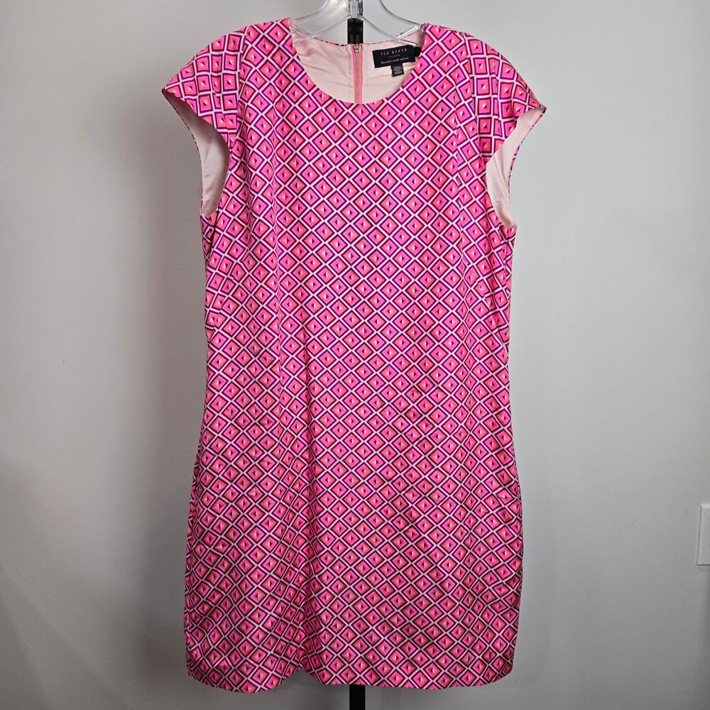 Ted Baker Sheath Dress Pink Geometric Silk Preppy Garden Party 3 US 8-10